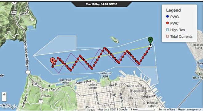 Upwind course projection September 17, 2013 - faint purple line is for Race 11, Red dotted line is for Race 12 © PredictWind.com www.predictwind.com